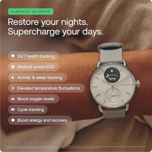 WITHINGS ScanWatch 2 - Hybrid Smart Watch, Heart Rate Monitoring, Fitness Tracker, Cycle Tracker, Sleep Monitoring, GPS Tracker, 30-Day Battery Life, Android & Apple Compatible, HSA/FSA - color: Black, style: Scanwatch 2 - 42mm