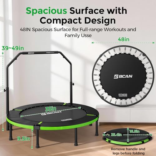 BCAN SP3 40/48" Exercise Rebounder Trampoline for Adults, Handlebar, Indoor - color: 48IN-U-Handle-Green