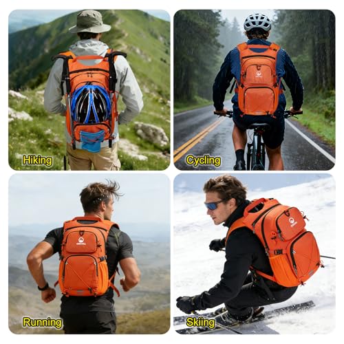 Hydration Backpack 22L, Hiking Backpack with 2L Leakproof Bladder, Sewn-in Rain Cover, Insulated Compartment for Men & Women Running, Cycling, Camping - color: Orange