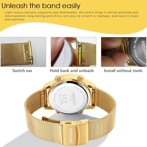 TIMEURE Pedometer Watch for Women, Step Counter Watch, No App or Charging - color: Gold