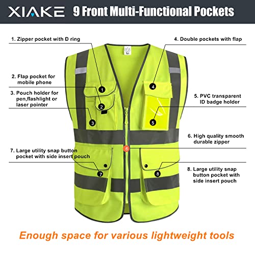 XIAKE 9 Pockets Class 2 High Visibility Reflective Safety Vest for Men Women,Meets ANSI/ISEA Standard - color: Yellow, size: XX-Large