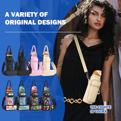 Neoprene Water Bottle Holder Bag with Cell Phone Pocket Compatible with Owala FreeSip 24 oz,Water Bottle Carrying Bag ,with Adjustable Shoulder Strap,for 24oz Stainless Steel Water Bottle - color: Cream