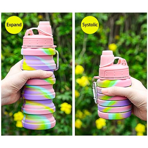 Collapsible Water Bottles Travel water bottle Sports Portable Sport Water Bottle Reusable Water Bottles comes with mountaineering Buckle 500ml silicone Water-proof camping water bottle - color: Light grey+Pink, style: 2 pack