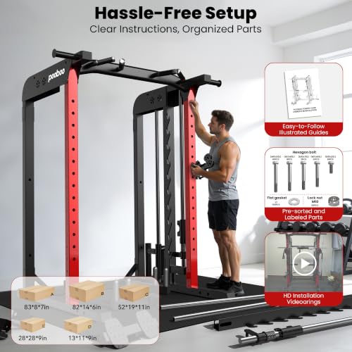 pooboo Power Cage Smith Machine with 2000LB Squat Rack Cable System