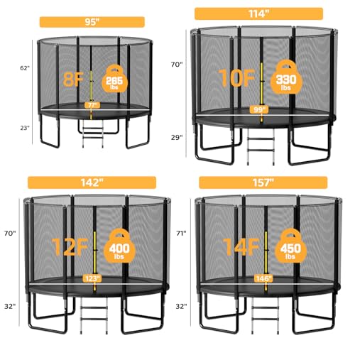 Trampoline Outdoor 8FT 10FT 14FT, Recreational Trampolines with Enclosure and Ladder, Anti-Rust Trampolines for Kids and Adults, ASTM Approval - size: 10FT