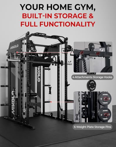 Mikolo Smith Machine with Weight Stack, Power Cage Home Gym System with LAT Pulldown & Cable Crossover, Multi-Functional Trainer with Dual Pulley System, Includes 10+ Free Attachments - color: Black