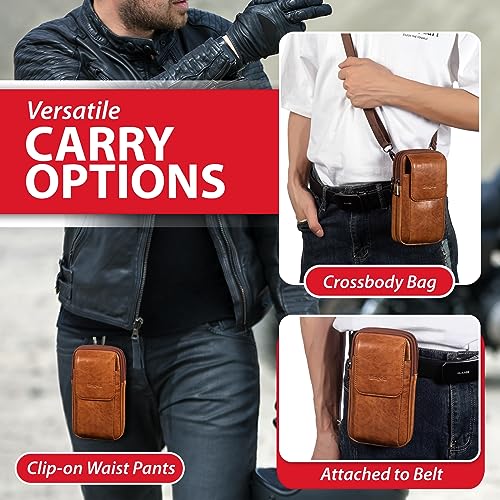 Genuine Leather Cell Phone Holster Wallet Case with Belt Clip Travel Messenger Bag Waist Pouch Crossbody Purse Fit for iPhone 17 Pro Max 16 Pro Max 15 Pro Max Samsung Galaxy S25 Ultra (Brown) - color: Brown