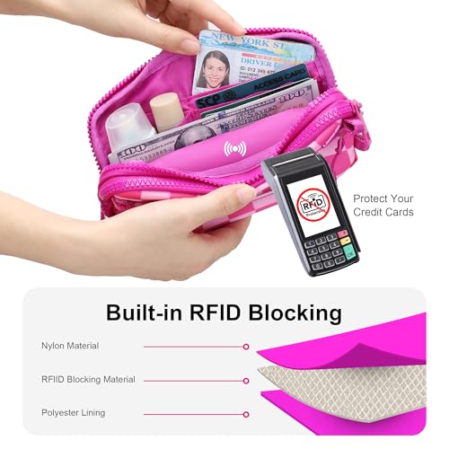 FODOKO Wristlet wallets for Women RFID crossbody bags with 4 Zippers - color: Rose Red