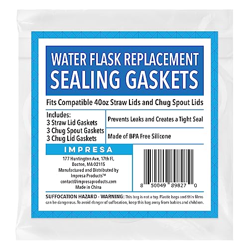 Impresa Water Bottle Gasket Replacement Set - 9-Pack, Compatible with Thermoflask 24/32/40/64 oz Bottles - Thermo Flask Rubber Seal & Wide Mouth Chug/Spout Lid