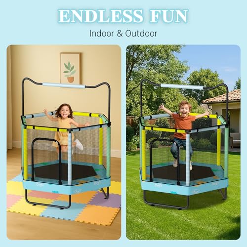 Lamerge Kids Trampoline, Indoor Trampoline Approved by ASTM, Safety Enclosure Net and Adjustable Handrail, 1-8 Children, 500lbs Capacity, 7-in-1, 60" - color: Blue-Dinosaurs, size: Hexagon