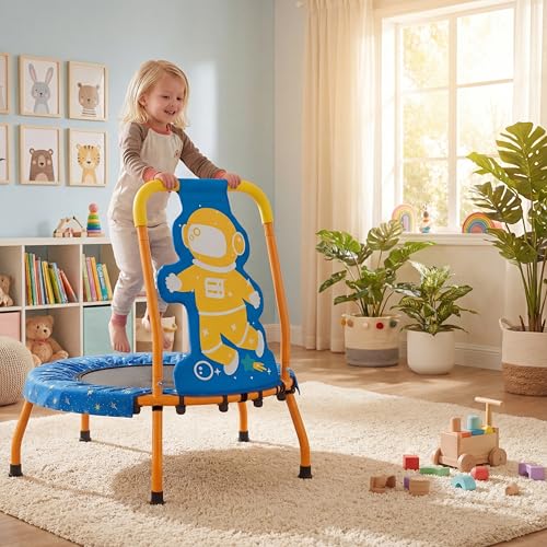 GYMAX Toddler Trampoline, 175lbs Springfree Kids Trampoline with Padded Handlebar & No-Gap Safety Cover, Small Mini Indoor Trampolines for Boys and Girls - color: Astronaut