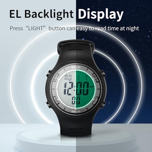 EZON Digital Watch with Stopwatch Countdown Timer Alarm EL Backlight,Ultra-Thin Large Display 5ATM Waterproof Digital Wrist Watches for Men Women - color: Matte Black