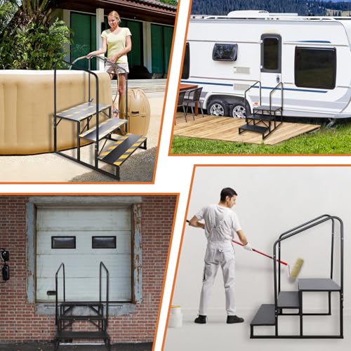 3 Step RV Stairs, Hot Tub Steps, Outdoor Spa Step Ladder with Double Handrail,Portable Economy 5th Wheel Stair for Travel Trailer, Motor Home, Camper and Porch with Non-Skid Tapes - size: RV Stairs - 3 Step with Double Handrail