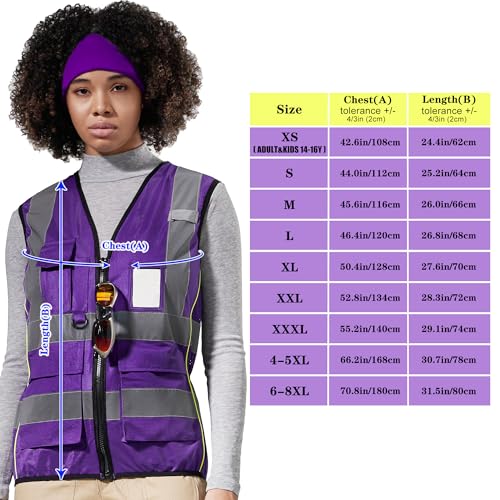 A-SAFETY High Vis Safety Vest for Women - Reflective Strips, Multi-Pockets, Zipper Closure - color: Purple, size: Medium