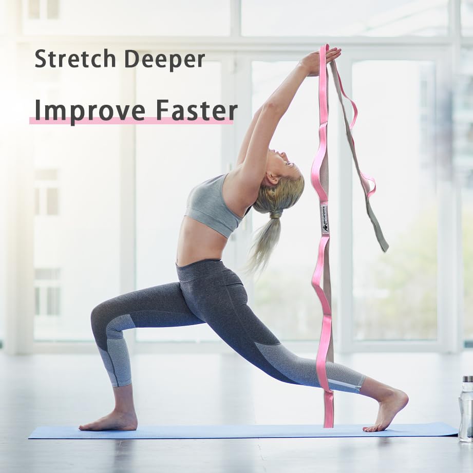 Stretching Strap Yoga Strap with Loops for Physical Therapy, Non-Elastic - color: Pink/Light Gray