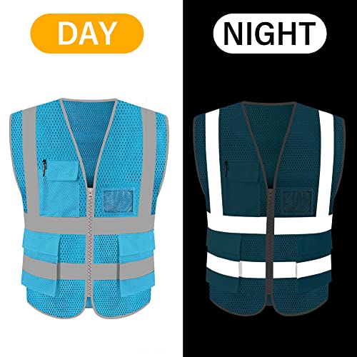 HYCOPROT High Visibility Mesh Safety Reflective Vest with Pockets and Zipper, Meets ANSI/ISEA Standards - color: Skyblue, size: Small