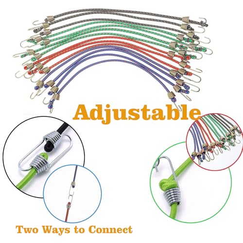 Small Bungee Cords with Hooks 12 Pieces, Mini Bungee Cord Hooks Adjustable Bungee Cord for Luggage Roof Rack Hang Outdoor Tent Tarp Bike Car RV Camping Tool Cargo Accessory