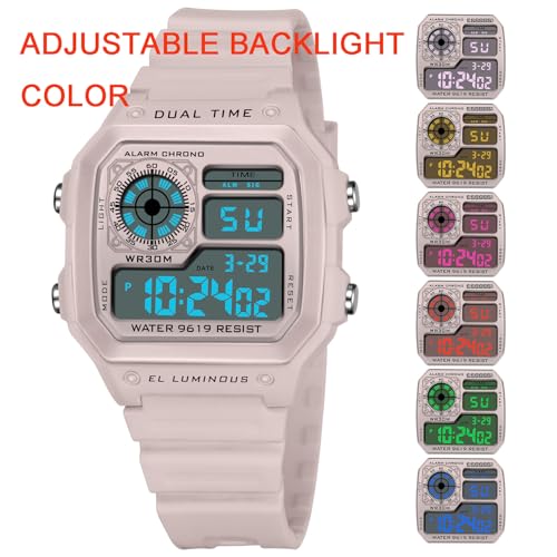 PASOY Men's Digital Sport Watch Waterproof Dual Time Stopwatch Countdown - color: Soft Pink