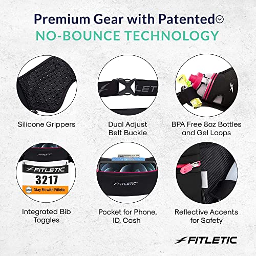 Fitletic Hydration Running Belt with Water Bottles for Men & Women – 2 Quick Flow 8oz Running Water Bottles, Patented Bounce Free Design, Water Resistant Pouch Fits All Phones – Hydra 16 - size: L/XL (35"-42"), style: Black & Pink