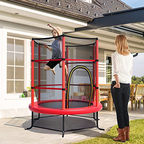 GYMAX Toddler Trampoline, 55” Trampoline for Kids with Bottom-to-Top All-Round Enclosure Net & Seamless Jumping Mat, ASTM Approved Easy Assembly Kids Mini Trampolines Indoor/Outdoor - color: Shine Red