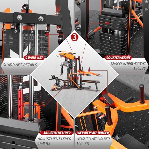 XGSW Multi-Function Home Gym Workout Station, Featuring a Pulley System, arm Trainer, and Leg Trainer for Full-Body Workouts. - size: L03-3【154LBS】Fitness Station+Cast lron 220LBS