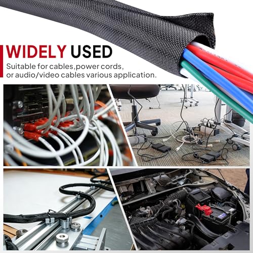 Black Split Braided Cable Management Sleeves 1inch -15Feet - size: 1"-15Feet