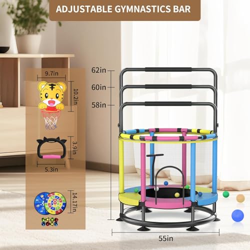 Trampoline for Kids, Full Anti-Rust 440lbs Anti-Rollover Round Bottom Toddler Trampoline, T-handrail Adjustable Baby Toddler Trampolines Dart Board - color: A3-Blue Yellow Pink, size: 60