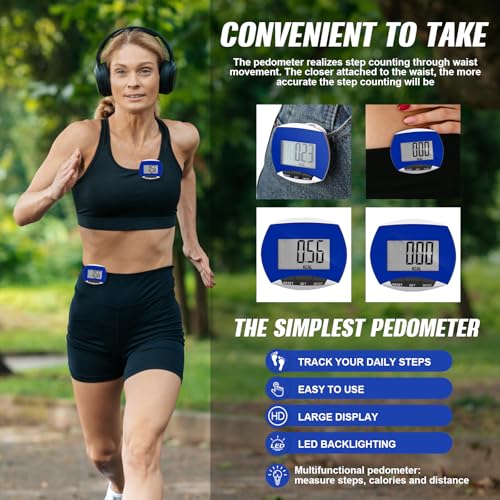 Weewooday Pedometer for Walking Steps and Miles Simple Pedometer Clip on with Large Digital Display Portable LCD Step Counter Bulk Gift for Women Men Adults - color: Blue