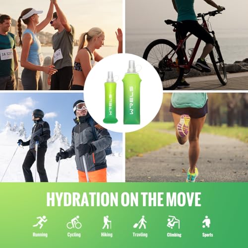 WRELS TPU Soft Flask Lightweight Portable Reusable Water Bottle,BPA Free Collapsible Flask for Hydration Pack in Running Hiking Cycling and Marathon - color: Mix Green-250ml *2