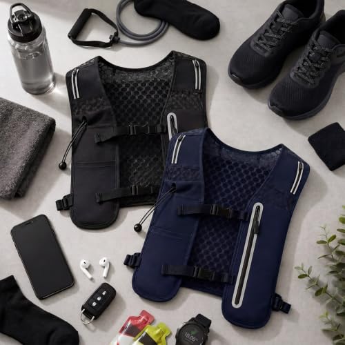 2 Pcs Running Vest for Women Men, Reflective Running Vest with Adjustable Waistband & Phone Pocket, Outdoor Pack Lightweight Breathable Backpack for Marathon Hiking - color: Black, Navy Blue