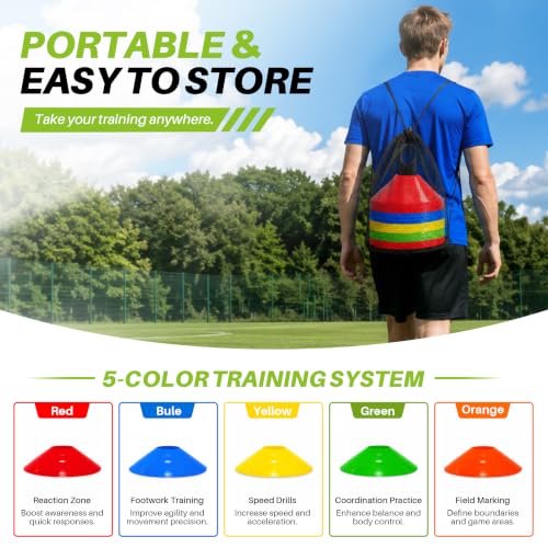 50/100PCS Soccer Cones with Carry Bag & Holder, 5 Color Disc Cones - color: 50 Pack