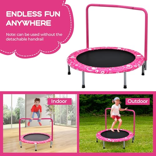 GYMAX Indoor Trampoline, 36” ASTM Approved Kids Trampoline with Removable Handrails & Safety Pad, Spring-Free Folding Mini Rebounder, Small Fitness Trampoline for Toddler/Adults - color: Pink
