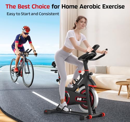DMASUN Exercise Bike, Silent Magnetic Resistance Stationary Bike for Home with 330 LBS Capacity, Pedals with Anti-loosening Nuts, Indoor Bike with Comfortable Seat Cushion, Digital Display with Tablet Holder - color: Red