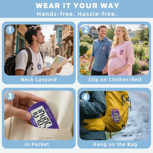 Clip-on 3D Pedometer for Walking Steps Counter with Lanyard, Purple+ Blue