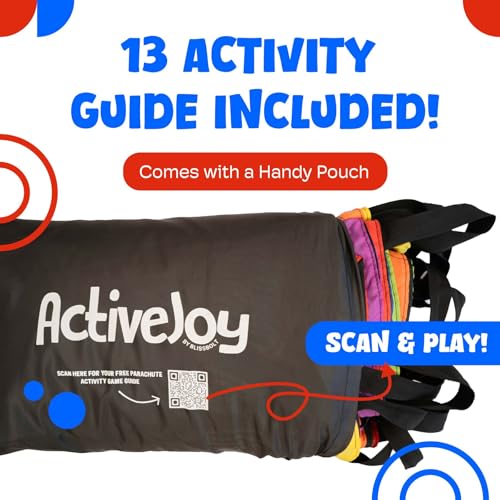 Activejoy - Parachute for Kids - 8ft /12ft / 16ft / 20ft / 24 ft / 30ft - Rainbow Parachute Toy with Handles - Great for Gym Class, Field Day & Outdoor Games - size: 20 FT - 20 HANDLES