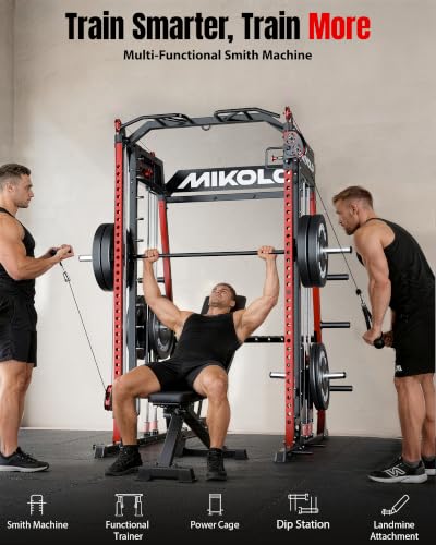 Mikolo M4 2.0 Smith Machine, 2200lbs Squat Rack with LAT-Pull Down System & Cable Crossover Machine, Training Equipment with Leg Hold-Down Attachment - color: Red, size: M4 2.0 Ultra Package (with Color BP230lbs)