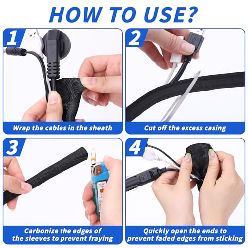 15ft - 1/4in Split Braided Sleeve Cable Management, Self-Wrapping - size: 1/4inx15ft
