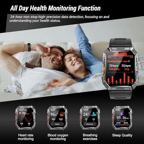 Military Smart Watch for Men (Answer/Make Calls), 2.01'' Smart Watch for Android and iPhone, Fitness Tracker with Flashlight/Compass/100 Days Battery/Heart Rate/Sleep/100+ Sport Modes(2 Straps)