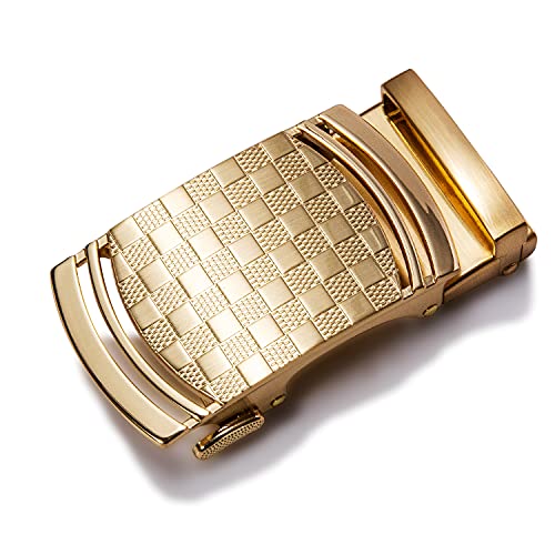 Dubulle Mens Ratchet Belt Gold Click Buckle Adjustable Leather Belts - color: Gold Plaid, size: Adjustable from 44" to 53" Waist