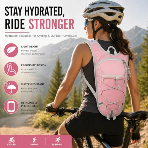 Lightweight Hydration Backpack 2L Water Bladder Pack for Running, Cycling, Hiking – Anti-Theft Water Backpack with Phone Holder, Trekking Pole Holder & Reflective Strips for Men & Women - color: Pink
