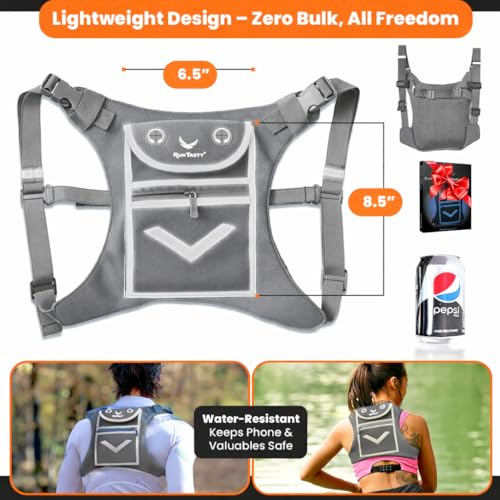 Running Mini Backpack Vest for Men & Women - Hi-viz gear, Holds Valuables, any Phone - Ideal for Fitness, Walking, Cycling! - color: Light Gray