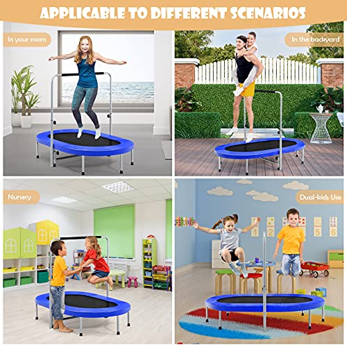Giantex Mini Trampoline, 2 Persons Foldable Fitness Trampoline w/ 5 Levels Height Adjustable Handle, Max Load 330LBS, Indoor Oval Rebounder Exercise Trampoline for Adult, Kid, Enjoy Parent-child Time - color: Blue