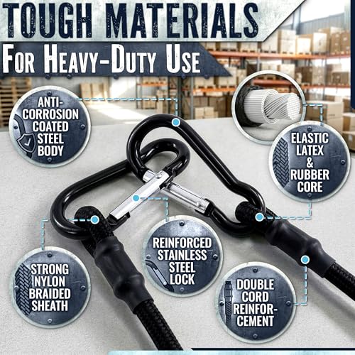 Bungee Cords with Hooks, 4 Pcs 18" Steel Carabiner, 200 Lbs Load - color: Black 4 Pcs 18"
