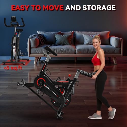 Wenoker Exercise Bike,Indoor Spin Bike with Adjustable Resistance Bluetooth Fitness App, 350 LBS Heavy Duty Frame,Smooth Quiet Belt Drive, Adjustable Handlebars & Seat with Transport Wheels - color: Red