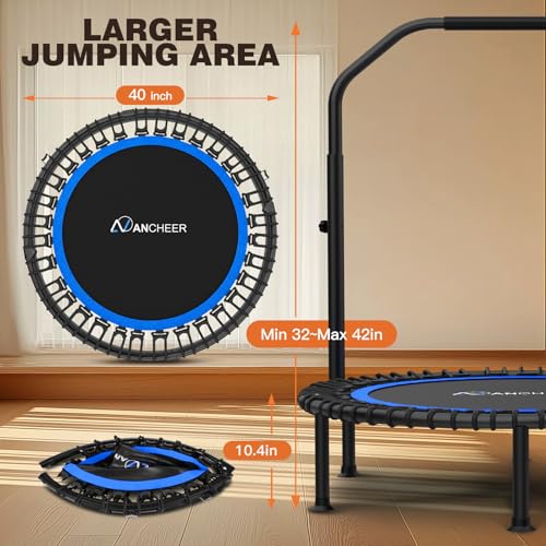 ANCHEER 40"/48" Foldable Mini Trampoline with Adjustable Handle for Adults - color: Blue, size: 40 inch