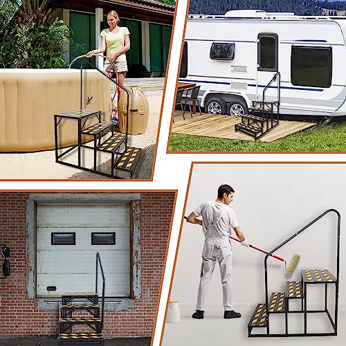 4 Step RV Stairs, Hot Tub Steps, Outdoor Spa Step Ladder with Handrail,Portable Economy 5th Wheel Stair for Travel Trailer, Motor Home, Camper and Porch with Non-Skid Tapes - size: RV Stairs - 4 Step with Single Handrail