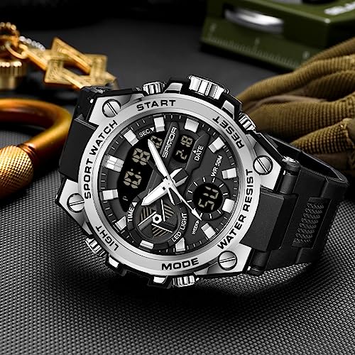 KXAITO Men's Watches Sports Outdoor Waterproof Military Watch Date Multi Function Tactics LED Alarm Stopwatch - color: 27_ Silver