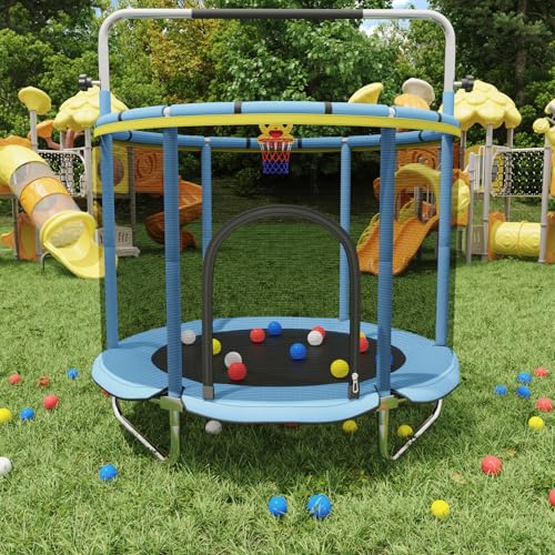 60" Toddler Trampoline for Age 2-4, 5ft Mini Kids Trampoline Indoor with Basketball Ball Adjustable Gymnastics Bar & Toys Swing Enclosure Net for Backyard ASTM Approved - color: Blue