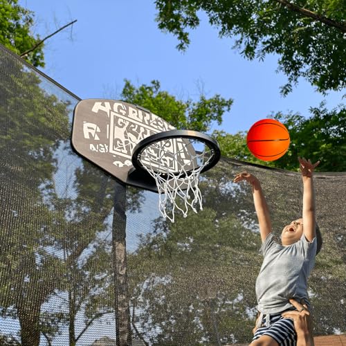 Basketball Hoop for Trampoline, Fits Straight and Curved Pole Trampoline Basketball Hoop Attachment with Balls and Pump, Universal Accessories of All Ages, Height and Angle Adjustable - color: Black