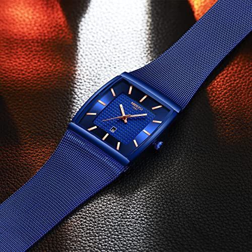 NIBOSI Men's Analog Watch, Square Dial Mesh Strap, Date Display - color: 2376-Blue